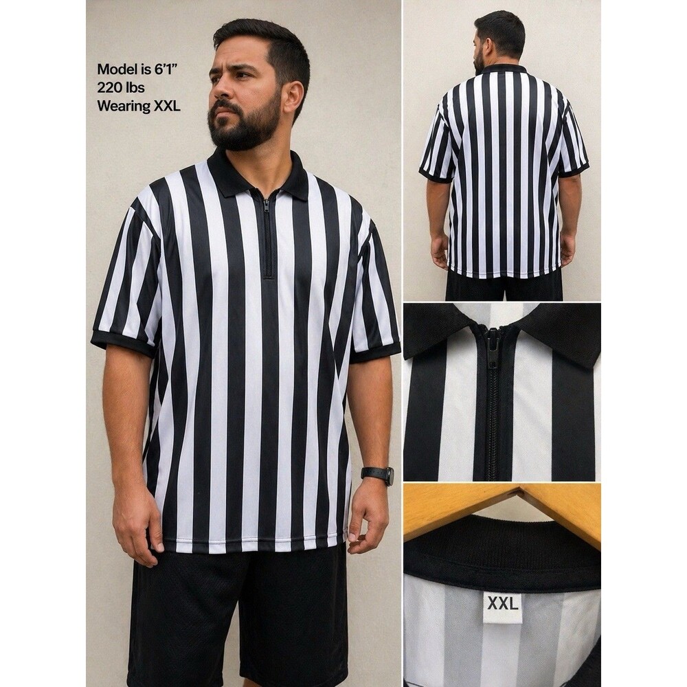Referee Shirt XXL Black White Striped Short Sleeve Zip Front